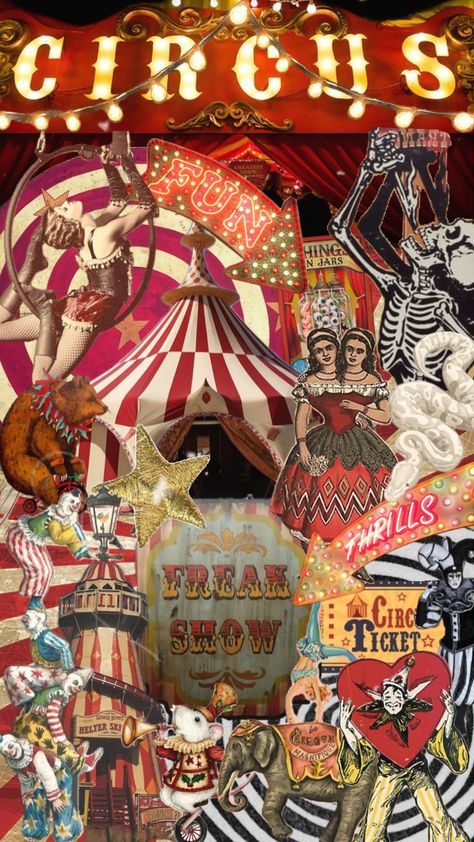 #circus #clown #carnival #freakshow #wallpaper #vintage Clowncore Wallpaper, Clown Carnival, Circus Wallpaper, Haunted Carnival, Creepy Circus, Vintage Circus Party, Vintage Circus Posters, Circus Aesthetic, Creepy Carnival