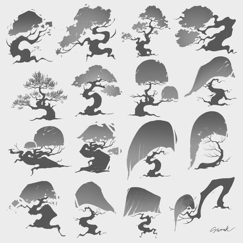 ArtStation - Tree/Shape Studies , Sivorak Kong Tree Shapes Drawing, Tree Roots Illustration, Tree Character Design, Tree Concept Art, Tree Reference, Roots Illustration, Tree Graphic Design, Shape Study, Illustration Plants