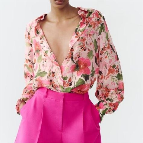 Floral vibes meet bold pink, perfect for a stylish day out! 🌸✨ Shop link in the bio for Spring Printed Silk Satin Texture Drape Shirt Women #FashionInspo #OOTD #fanceyboutique Satin Texture, Zara Spain, Shirts Style, Spring Prints, Floral Print Shirt, Satin Shirt, Printed Silk, Office Casual, Formal Looks