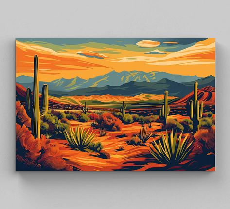 Transform your space into a serene desert oasis with our Desert Landscape Painting Canvas Print. Featuring a stunning South Western landscape with vibrant colors and intricate details, this canvas print is the perfect addition to your home decor. Crafted with high-quality materials, our Mexican Desert Art is printed on a durable canvas and stretched over a wooden frame. This ensures that the painting retains its vibrant colors and does not warp or wrinkle over time. The artwork is also coated wi Mexican Desert Landscape, Desert Sunset Painting, Desert Paintings, South Western Decor, Desert Artwork, Desert Landscape Painting, Mexican Desert, Desert Wall Art, Cactus Drawing