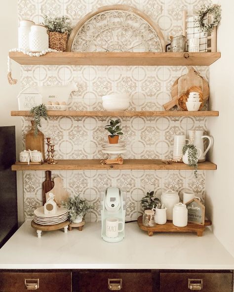 Woodfield Lane Matte Porcelain Tile, French Country Coffee Bar, Upper Cabinet Decor, Bar Shelf Ideas, French Country Cabinets, Kitchen Bookcase, Above Cabinet Decor, Bohemian Farmhouse Kitchen, Kitchen Built In