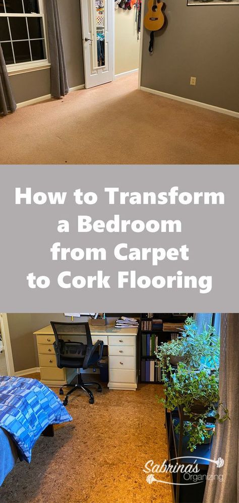 How to Transform a Bedroom from Carpet to Cork Flooring before and after photos  #bedroom #corkflooring #tips #beforeandafter #sabrinasorganizingdiy #ontheblog #newpost House Diy Projects, Flooring On A Budget, Closets Bedrooms, Cork Floor, Flooring Diy, Custom Closet Organization, Round Moulding, Cork Tiles, Cork Flooring