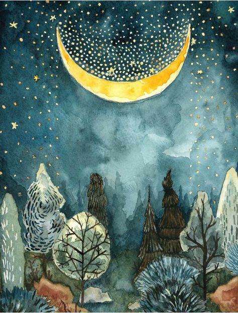 Moon Forest, 심플한 그림, Whimsical Watercolor, 수채화 그림, Moon Art, Framed Poster, Whimsical Art, Art Paint, Painting Inspiration