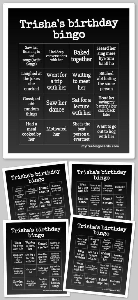 Play virtual Trisha's birthday bingo with your friends for free on any device. Customize the bingo cards and generate printable or virtual bingo cards for free. Birthday Bingo For Adults, Friends Bingo, Friend Bingo, Birthday Bingo, Custom Bingo Cards, Best Frind, Bingo Party, Birthday Post, Birthday Post Instagram