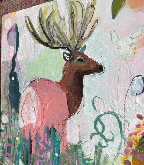 This 12" square acrylic mixed media on wood depicts a bull elk I saw in my beighborhood only this one is done in pink. The colors makes  this painting lively and fun. It comes ready to hang as is. Mixed Media Animals, Deer Art, Creative Painting, Small Canvas, Paint And Sip, Paintings I Love, Dog Paintings, Mini Paintings, Animal Illustration