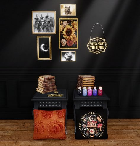 Witchy Decor 🧙🏼‍♀️ early released on patreon www.simmerkate.com #ts4 #thesims4 #thesimscc #thesims4cc #ts4ccfinds #ts4cc #ccfinds #customcontent Sims 4 Shower Curtain, Witchy Pictures, Never Trust The Living, Tarot Spread, Ancient Books, Sims 4 Collections, Hippie Decor, Witchy Decor, Witch House