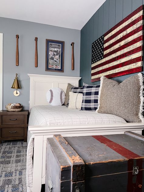 Knoxville Gray, Gray Accent Wall, Baseball Themed Bedroom, Baseball Theme Room, Boy Sports Bedroom, Baseball Bedroom, Gray Carpet, Dorm Style, Sport Bedroom