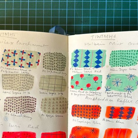 Parul Arora on Instagram: "Currently deep in colour and pattern research and experiments for new paintings. I love this part of my creative process. Besides the colour palette, there are no restrictions. Just play, play, play. #colorful #colorcolourlovers #patterndesign #sketchbook  . . . . . . #insidemysketchbook #sketchbookdrawing #patternplay #printandpattern #creativeprocess #instaillustration #sketchbook #sketchbookart #littlestoriesofmylife #abmlifeiscolorful #art_we_inspire #creativeboom #paintingprocess #gouache #acrylagouache #gouachepainting #gouacheart #surfacepatterndesign" Color Palette Sketchbook, Parul Arora, Textile Design Sketchbook, Surface Pattern Design Sketchbooks, Art Research, Sketchbook Layout, Textiles Sketchbook, Watercolour Landscape, Pattern Design Inspiration