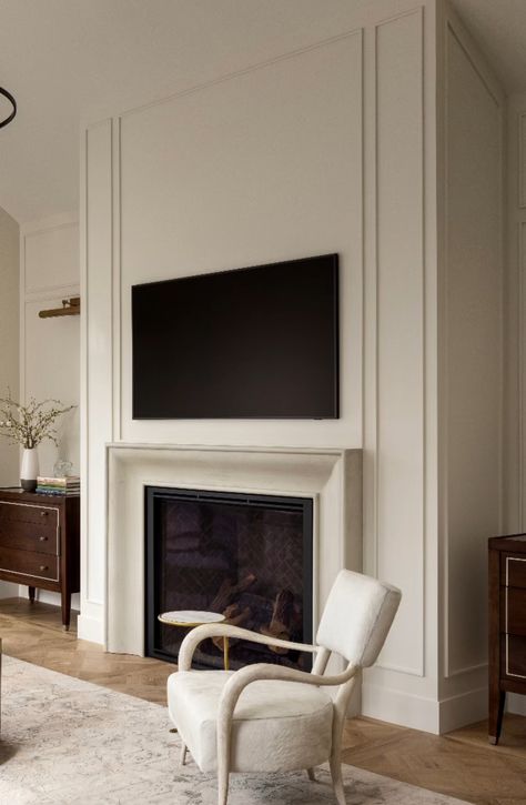 Statement Wall With Fireplace, Fireplace With Paneling, Fireplace Molding, Surround Fireplace, Tv Above Fireplace, Designer Homes, Picture Frame Molding, Mecca Wallpaper, Wall Molding