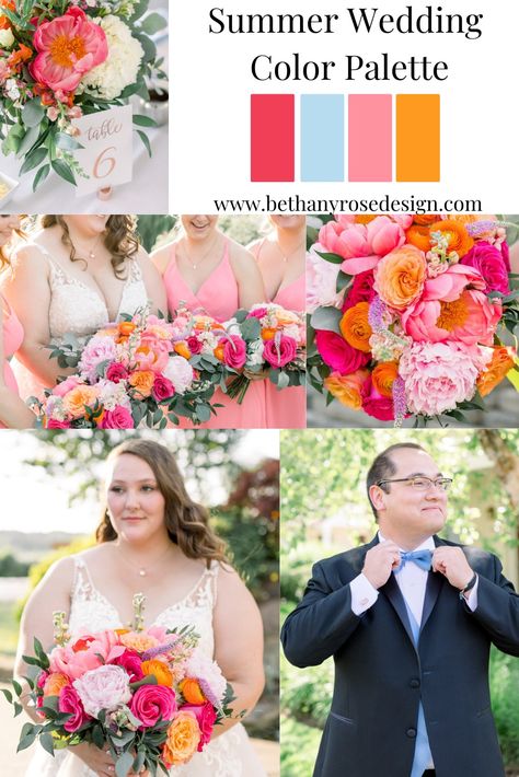 Blue Pink Orange Wedding Bouquet, Light Blue Orange Pink Wedding, Blue Orange Pink Color Palette Wedding, Navy Blue And Bright Pink Wedding, Light Blue Red Pink Wedding, Dusty Blue And Coral Wedding Theme, Pink Orange Blue Wedding Flowers, Sorbet Wedding Colors, Fuschia And Orange Wedding