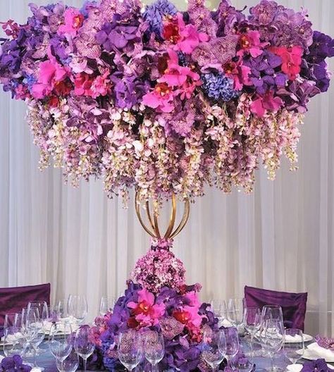 purple wedding centerpiece / http://www.himisspuff.com/tall-wedding-centerpieces/9/ Preston Bailey Wedding, Purple Wedding Centerpieces, Preston Bailey, Orchid Centerpieces, Hot Pink Weddings, Tall Wedding Centerpieces, Purple Tree, Tafel Decor, Spring Centerpiece