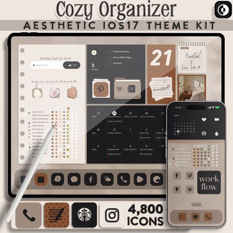 Neutral iOS 17 Theme Pack for iPad & iPhone | 4,800 Black App Icons | Aesthetic iPad Theme Kit | Cozy Organizer iPad Planner Theme lifeorganization #dailyplannerprintable #travelbudgetplanner Ipad Wallpaper Organization, Brown Ipad Aesthetic, Ipad Wallpaper Organizer, Ipad Theme Aesthetic, Ipad Screen Layout, Organized Ipad, Aesthetic Ipad Theme, App Organization Iphone Aesthetic, Ipad Organization Homescreen