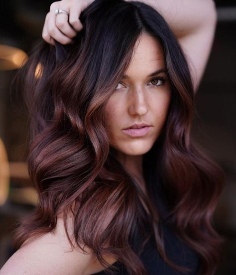 Purple-Tinted Brown Hair with Black Roots Brown Hair With Black Roots, Dark Root Smudge, Hair With Black Roots, Dark Maroon Hair, Burgundy Hair Colors, Highlighted Brunette, Burgundy Hair With Highlights, Deep Burgundy Hair, Red Burgundy Hair Color