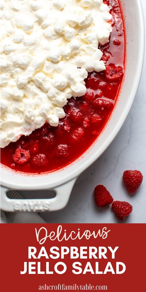 Raspberry Jello Salad with Frozen Raspberries - The Ashcroft Family Table Raspberry Jello Dessert, Raspberry Jello Recipes, Dessert Table Recipes, Creamy Jello, Thanksgiving Jello, Raspberry Jello Salad, Dessert For A Crowd, Raspberry Jello, Cute Christmas Desserts