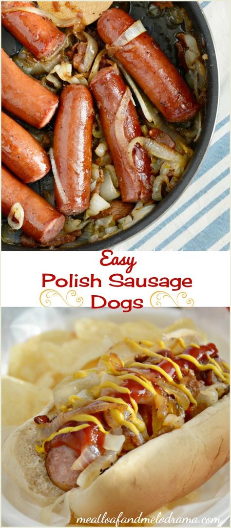 Easy Polish Sausage Dogs topped with caramelized onions, mustard and a little ketchup -- a quick and easy family dinner! Poland Recipes, Polish Sausage Recipes, Brat Sausage, Hot Dogs Recipes, Easy Family Dinner, Sausage Sandwiches, Carne Guisada, Polish Sausage, Sausage Dogs