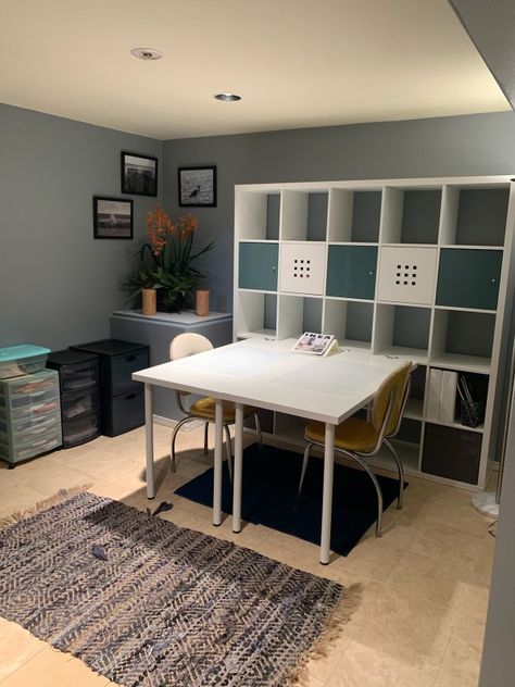 Kallax shelving with Linnmon table top and Adil legs. 2019 Kallax Linnmon, Kallax Desk, Linnmon Desk, Linnmon Table Top, Ikea Linnmon, Homeschool Room Design, Kallax Shelving, Ikea Craft Room, Ikea Crafts