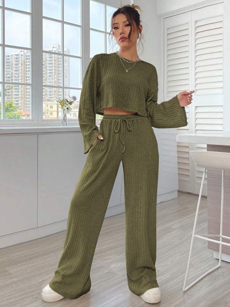 SHEIN EZwear Drop Shoulder Crop Tee & Drawstring Waist Pants | SHEIN USA Knit Loungewear Set, Knit Loungewear, Lounge Outfit, Cozy Fits, Loungewear Set, Long Sleeve Knit Tops, Outfit Set, Crop Tee, Pants Outfit