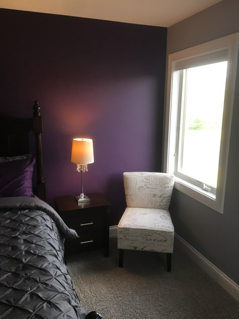 Benjamin Moore Purple Rain Accent wall Purple Rain Benjamin Moore, Accent Wall Purple Bedroom, Violet Accent Wall, Benjamin Moore Purple Rain, Bedroom Accent Wall Purple, Purple Wall Color Bedroom, Purple Painted Bedroom, Purple Paint Bedroom, Dark Purple Accent Wall Bedroom