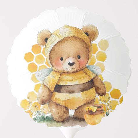 Wini Poo, Honeycombs Drawings, Teddy Bear Balloon, Honey Decor, Baby Boy Invitations, Bear Balloon, Bee Wings, Nursery Illustration, Its A Boy Balloons