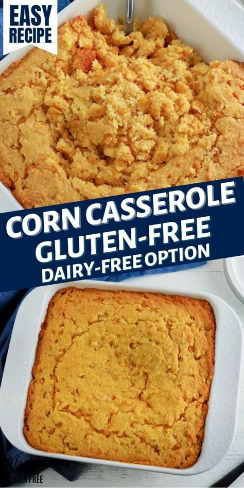 An easy recipe for gluten-free corn casserole. A soft and sweet cornbread casserole that is made with only a few simple ingredients. This corn casserole recipe also has a dairy-free and vegan option. The recipe also includes a how-to video! Corn Casserole Recipe Gluten Free, Cornbread Casserole Gluten Free, Sweet Cornbread Casserole, Gluten Free Corn Casserole Recipe, Gluten Free Cornbread Casserole, Gf Corn Casserole Gluten Free, Dairy Free Gluten Free Corn Casserole, Gluten Free Corn Casserole, Corn Casserole Jiffy