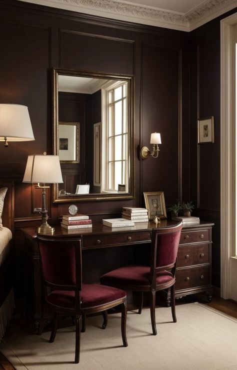 Classical Apartment Interior, Antique Bedroom Ideas Vintage Dark, Dark Classic Interior Design, Dark Traditional Interior Design, Dark Brown Home Interior, Dark Acedamia House Interior, Old Antique Decor, Dark Academia Reading Room, Academia Aesthetic Office