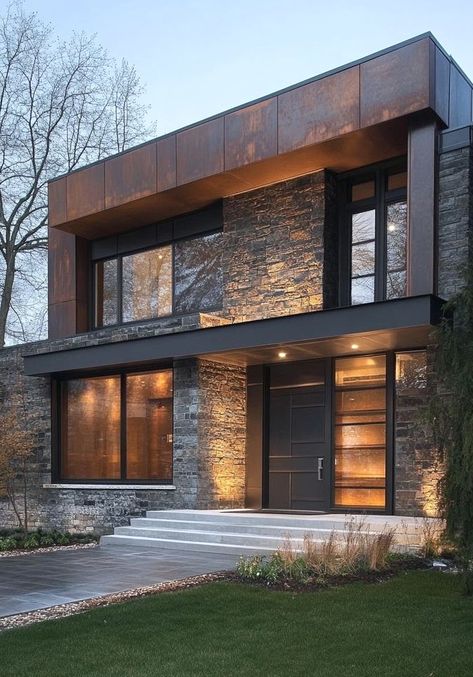 Brick And Metal House, Modern Industrial House Exterior, Stone Modern House, Industrial Exterior Design, Modern Industrial House, Modern Home Ideas, Lighting Scandinavian, Industrial House Exterior, American Style House