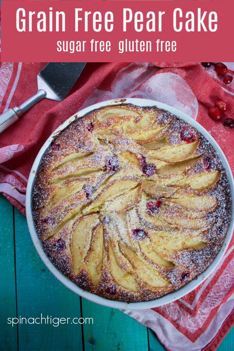 Grain Free Low Carb Italian Pear Cake, made with almond flour, coconut flour, fresh pear, cardamom. Paleo and Keto friendly. #italianpearcake #pearcake #ketocake #spinachtiger #sugarfree #swerve via @angelaroberts Low Carb Pear Dessert Recipes, Almond Flour Pear Cake, Italian Pear Almond Cake, Keto Pear Dessert Recipes, Keto Pear Recipes, Thm Cake, Pear Cardamom, Pear Desserts, Low Carb Italian