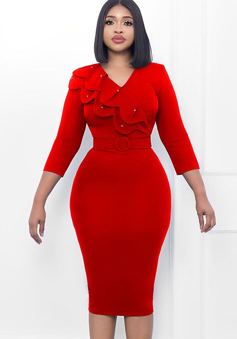 Cute Simple Dresses Classy, Suit Gown For Women, Red And Yellow Outfit, Long Sleeve Pencil Dress, Church Dresses For Women, Pencil Dresses, Pencil Skirt Dress, Yellow Midi Dress, Women Bodycon Dress