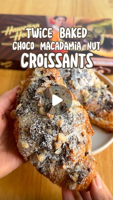 Rachel | Bay Area Food & Beyond on Instagram: "For croissant lovers 🥐 like me who are too lazy to make croissants at home, this twice-baked croissant recipe is for you. Using @hawaiianhostinc AlohaMacs 🍫, which you can find at 99 Ranch Markets across the Bay Area, you can easily assemble and bake these ✨Twice Baked Chocolate Macadamia Nut Croissants✨ in a pinch! They’re buttery, flaky, and filled with chocolate and macadamia nut chunks.   It’s easier than ever to bring a taste of Hawaii 🌺🌴🌊 with @hawaiianhostinc which is available on the mainland. Find their chocolates at various locations including 99 Ranch Market.  Ingredients 4 one-day-old croissants 1 AlohaMacs Dark Chocolate 6oz Box 1 tbsp crushed macadamia nuts Powdered sugar for dusting   Frangipane: 1 egg  ½ cup almond flour ½ Hazelnut Croissant, Chocolate Hazelnut Croissant, Make Croissants, Croissant Recipe, Chocolate Macadamia, Stick Butter, Almond Meal, Chocolate Croissant, Almond Extract