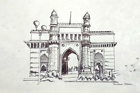 Gate Way of India sketch by shubham shintre by black cello gripper pen. gate way of india,  gate way of india sketch, gate way of india sketches Gate Way Of India Mumbai Sketch, Gateway Of India Sketch, Black Cello, Train Sketch, Safety Topics, Art Competition Ideas, Easy Disney Drawings, Marathi Calligraphy, Gate Way