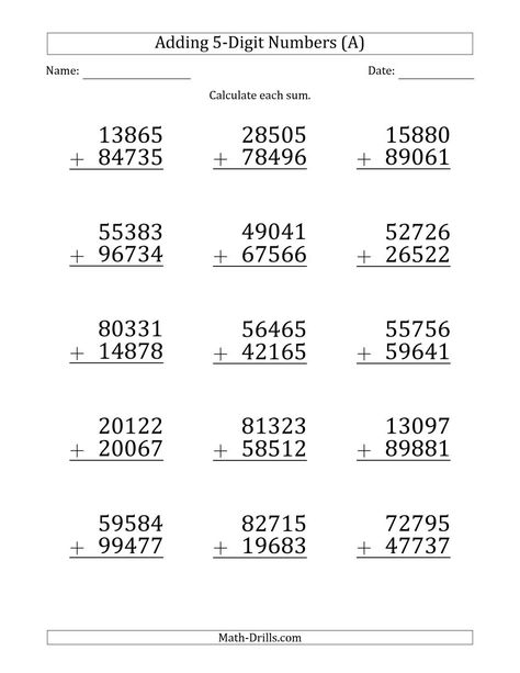 The Large Print 5-Digit Plus 5-Digit Addition with SOME Regrouping (A) Math Worksheet from the Addition Worksheets Page at Math-Drills.com. 4 Digit Addition With Regrouping, Class3 Maths Worksheet, 4 Class Maths Worksheet, 5 Digit Addition Worksheets, Cbse Class 3 Maths Worksheet, Class 4 Maths Worksheet Cbse, Class 4 Maths Worksheet, Class 5 Maths Worksheets, Easy Math Worksheets