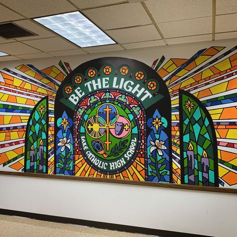 Lake Catholic High School Mural — Lisa Quine | Murals & Hand Lettering High School Mural, Youth Room Church, High School Art Room, Playground Painting, Teaching Classroom Decor, Wild Eagle, Teacher Morale, Catholic High School, School Murals