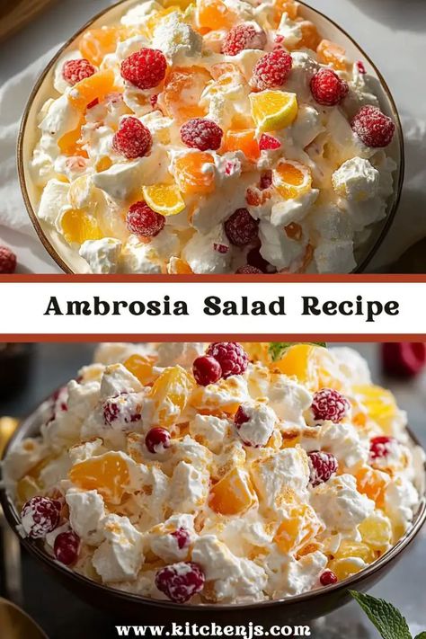 "Indulge in a heavenly ambrosia salad with a delightful mix of fruit cocktail. A divine blend of flavors in every bite!" Recipes Using Fruit Cocktail, Fruit Salad With Cream, Fruit Cocktail Salad, Ambrosia Salad Recipe, Recipes With Fruit Cocktail, Fruit Salad With Pudding, Fruit Salad With Marshmallows, Ambrosia Recipe, Mandarin Orange Salad