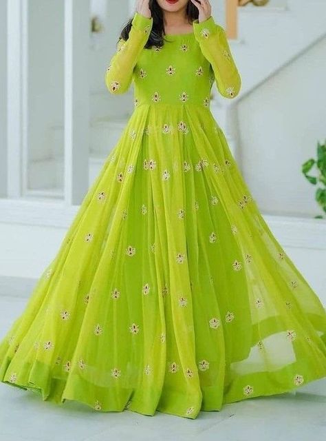 Green Colour Dress, Neon Color Dress, Neon Green Dresses, Neon Dress, Stylish Kurtis Design, Simple Frock Design, Long Frock Designs, Indian Women Fashion, Long Gown Design