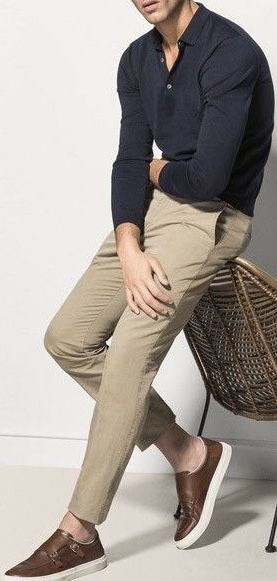 Dark Blue / Navy Shirt / Long Sleeve Polo . Dark Beige / Light Brown Chinos . Brown & White Contrast Leather Trainers #Spring #Summer #Autumn Trainers Outfit, Brown Chinos, Polo Shirt Outfits, Pants Outfit Men, Formal Men Outfit, Paris Style, Navy Blue Shirts, Outfit Jeans, Slim Fit Chinos