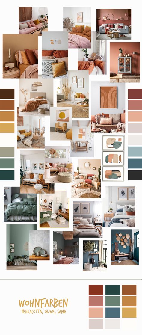 Terracota Color Palette Bedrooms, Modern Boho Color Palette Bedroom, Living Room Ideas Terracotta, Bedroom Aesthetic Color Palettes, Terracotta Palette Interior, Terra Cotta And Gray Color Scheme, Terracotta Room Inspiration, Retro Color Palette Living Room, Bohemian Room Color Palette