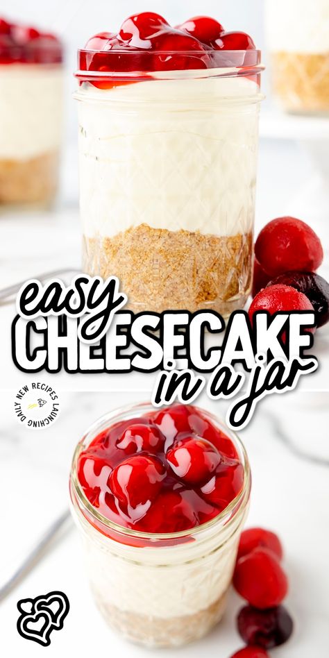 You are going to love our take on the latest food craze, cheesecake in a jar. These little wonders are everything you love about cheesecake, from the sweet crunch of the graham cracker crust to the creamy filling and cherries on top, all packed into a handy-dandy jar. Edible Cheesecake Filling, Jar Cheesecake Recipes, Canning Cheesecake, Jar Cheesecake, Cheesecake In Jar, Cheesecake Jar, Cheesecake Jar Recipes, Cheesecake In Jars Recipe, Cheesecake Jars