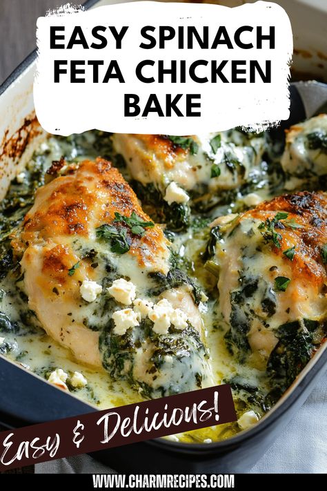 This pin showcases a delicious Easy Spinach Feta Chicken Bake, featuring chicken breasts stuffed with spinach and creamy feta. It highlights a healthy dinner option perfect for families or meal prep. Chicken Feta Spinach Recipes, Chicken Stuffed With Spinach And Feta, Spinach And Feta Stuffed Chicken Breast, Chicken Breast And Spinach Recipes, Chicken Feta Recipes, Feta Chicken Recipes, Feta Chicken Bake, Feta Baked Chicken, Spinach And Feta Stuffed Chicken