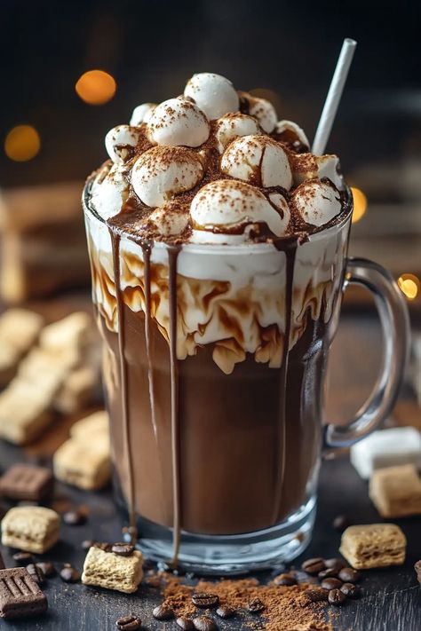 S’mores Iced Coffee The Simpsons Hot Chocolate, Iced Coffee Chocolate, Marshmallow Whipped Cream, Hot Chocolate And Marshmallows, Starbucks Hot Chocolate, Studying Food, Post Insta, Chocolate Marshmallow, Hot Chocolate Marshmallows