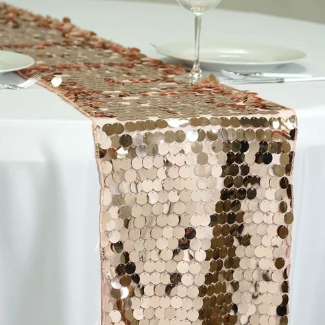 13"x108" Blush | Rose Gold Premium Payette Sequin Table Top Runners | eFavorMart Banquet Table Decorations, Sequin Table Runner, Sequin Table, Table Overlays, Bridal Table, Banquet Tables, Wedding Catering, Blush Roses, Rich Textures