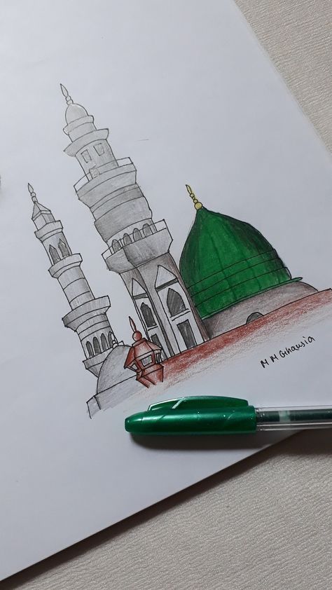 Al-Masjid an-Nabawi Madina Sharif drawing by me • M M Ghausia • Masjid E Nabvi Drawing, Kabba Sharif Painting, Masjid Drawing Art, Madina Sharif Sketch, Makkah Madina Drawings, Kabbah Makkah Drawing, Madeena Shareef Drawing, Masjid Nabawi Drawing, Madina Sharif Drawing