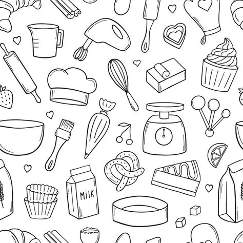 Seamless pattern of baking doodle. Cooking elements. Mixer, butter, flour, spoon, whisk in sketch style. Hand drawn vector illustration isolated on white background. Baking Tattoo, Baking Drawing, Food Doodles, Doodle Art Journals, Hand Drawn Vector Illustrations, Monochrome Color, Sketch Style, Hand Drawn Vector, Food Drawing