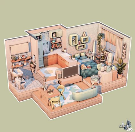 Loft Apartment Layout, Sims Apartment, Sims 4 Loft, Sims Rooms, Small Apartment Layout, Sims 4 Houses Layout, Sims Challenge, Tiny Loft, Sims Free Play