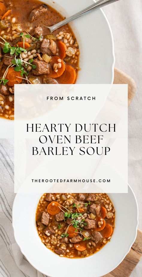 Nothing beats the homemade taste of our Hearty Dutch Oven Beef Barley Soup, a savory blend of tender beef, chewy barley, and fresh veggies, simmered to perfection. Visit therootedfarmhouse.com for this soul-warming recipe and more wholesome, from-scratch meals that bring comfort to your kitchen table. Beef Stew With Soup Bones, Vegetable Beef Barley Soup, Beef Barley Stew, Dutch Oven Soup, Nourishing Soup, Beef Chunks, Dutch Oven Beef, Barley Soup Recipe, Beef And Barley