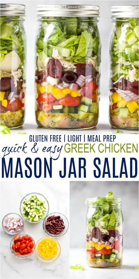 This quick Greek Chicken Salad recipe packed in mason jars makes the perfect meal prep lunch for the week! Each mason jar salad is filled with cucumber, tomato, kalamata olives, feta, chicken and a light greek vinaigrette for the ultimate bite! #glutenfree #saladrecipes #masonjar #chickenrecipes Salads In A Jar Recipes Greek, Mediterranean Diet Mason Jar Salads, Jar Dinners Mason, Salad Prep Jars, Chicken Salad Jar Recipe, Greek Salad Mason Jar, Mediterranean Mason Jar Salad, Mason Jar Meal Prep For The Week, Mason Jar Steak Salad