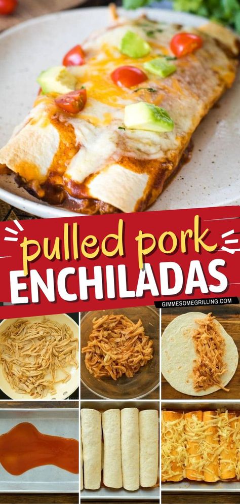 Pulled Pork Enchiladas, easy dinner recipe, comfort food recipe Pulled Pork Burritos, Pulled Pork Casserole, Leftover Pork Roast, Pulled Pork Leftover Recipes, Pulled Pork Enchiladas, Leftover Pulled Pork, Soft Tortillas, Pork Enchiladas, Pork Casserole