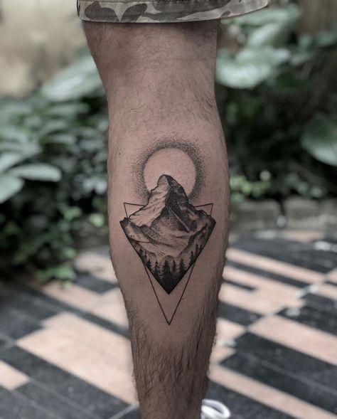 Mountain Calf Tattoo Men, Tattoo Designs Leg Men, Mountain Calf Tattoo, Geometric Mountain Tattoo Design, Men’s Calf Tattoo Ideas, Male Calf Tattoo, Calf Tattoo Men Simple, Calf Tattoo Men Calves, Back Calf Tattoos Men