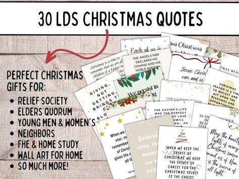 30 printable LDS Christmas quotes for Sacrament, Relief Society, FHE, neighbor gifts, Elders Quorum, Primary and More! Christmas Gifts For Lds Primary Teachers, Christmas Quotes Lds, Christ Centered Christmas Gifts, Lds Christmas Quotes, Christmas Quotes Printable, Relief Society Christmas Gifts, Relief Society Quotes, Relief Society Christmas, Lds Christmas