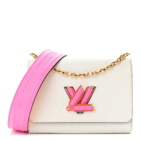 This is an authentic LOUIS VUITTON Epi Twist Shoulder Bag MM. This stylish crossbody bag is crafted of textured Epileather in white, with black resin glazing along the edges. This chic bag features a wide moonogram embossed leather shoulder strap in pink and orange and a pink and orange woven leather LV twist lock on the facing flap. This opens to an off-white microfiber interior with a patch pocket and leather pocket. Louis Vuitton Bag Pink, Cross Over Bags, Pink Louis Vuitton Bag, Pink Louis Vuitton, Gameday Fits, Lv Twist, Preppy Bags, Louis Vuitton Pink, Lv Purse