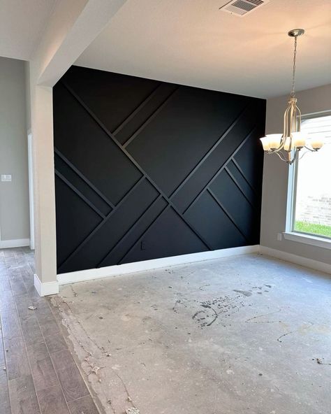 Black Accent Living Room Wall, Unique Wainscoting Ideas, Black Accent Walls In Living Room, Black Wall With Wood Accents, Black Wall Paint Ideas, Black Interior Walls, Accent Wall Boys Bedroom, Accent Wall With Window, Wall Upgrades